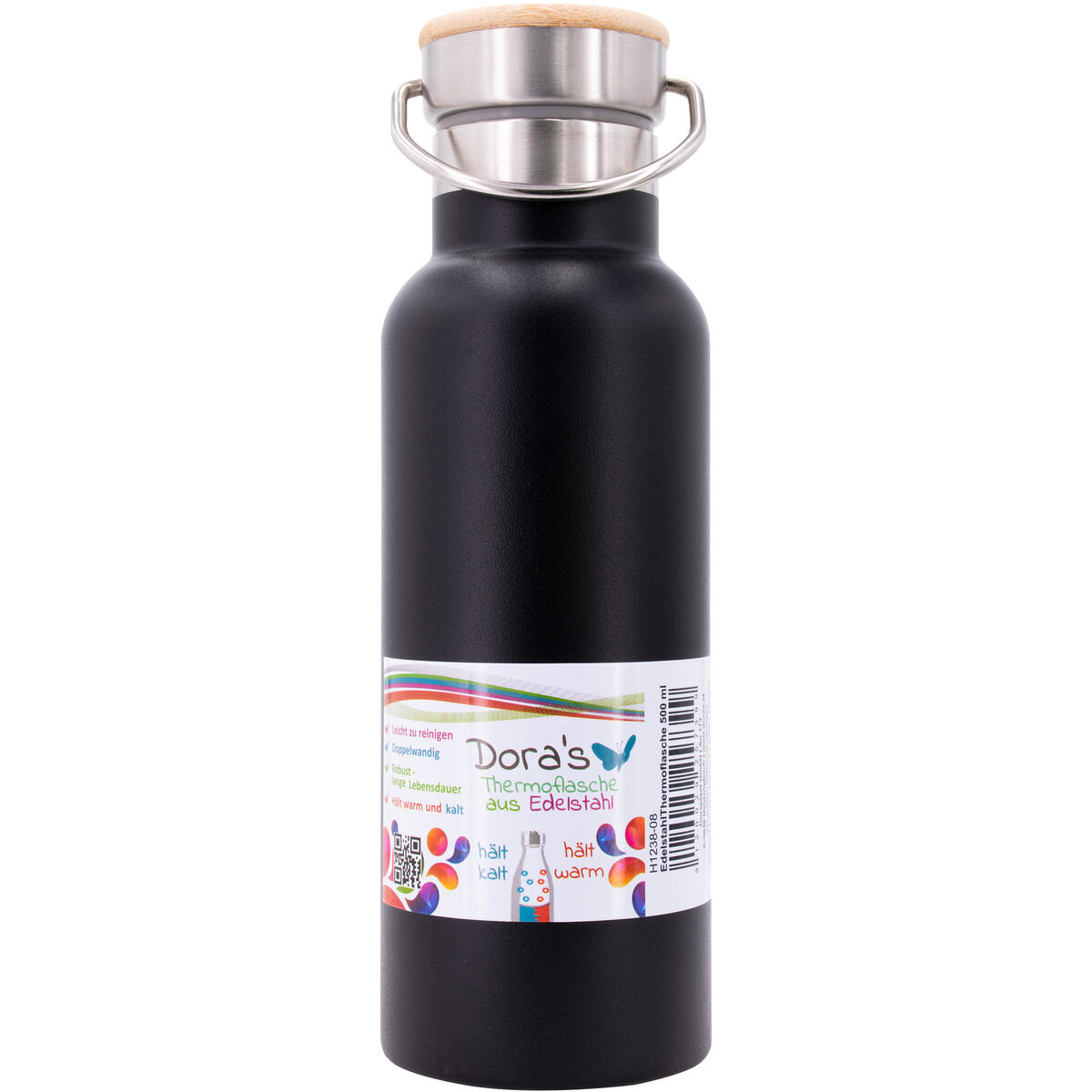 Edelstahl Thermoflasche schwarz 500 ml mit Stahldeckel